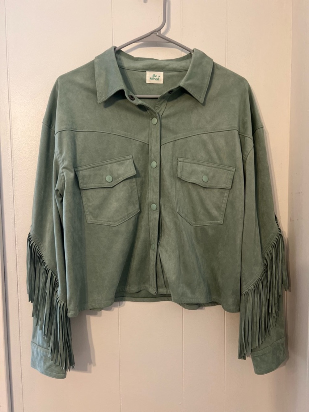 Fringe Suede Shirt Jacket in Sage Green